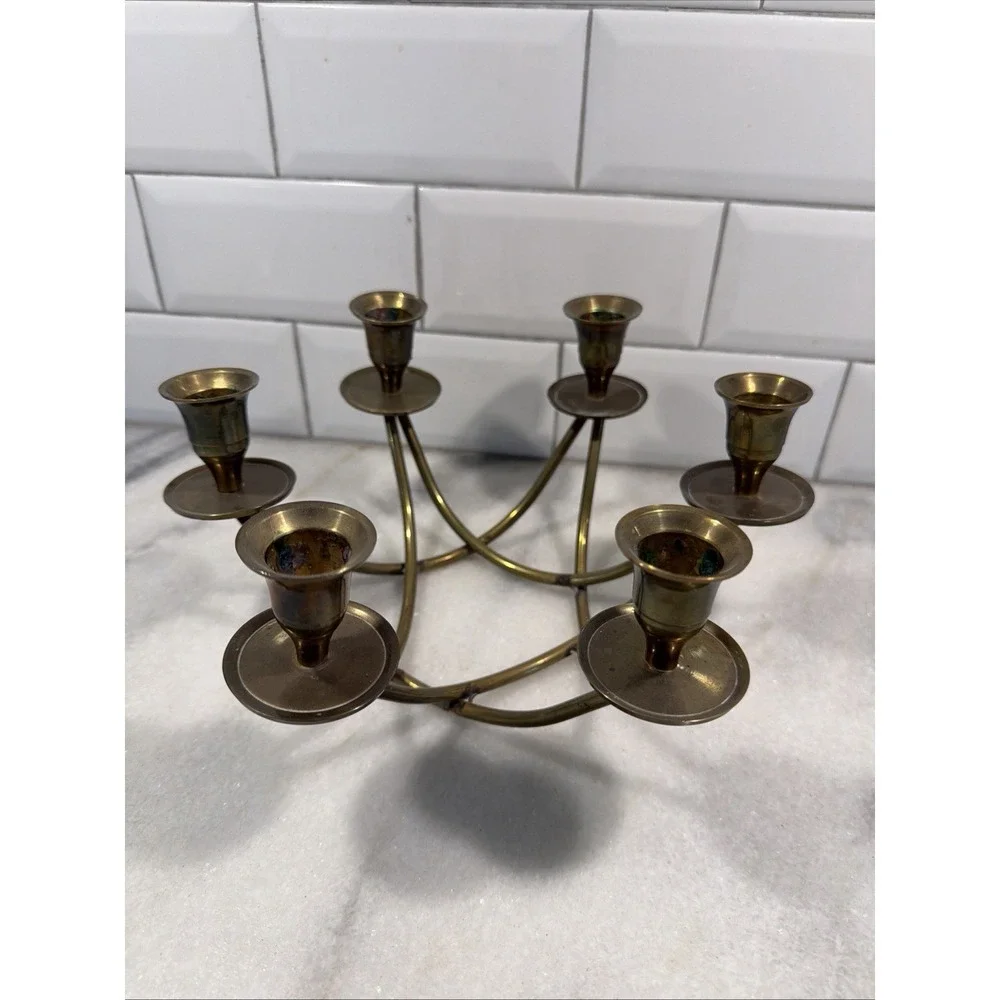 Brass Mid Century Modern 6 Candle Holder Candelabra Centerpiece  002